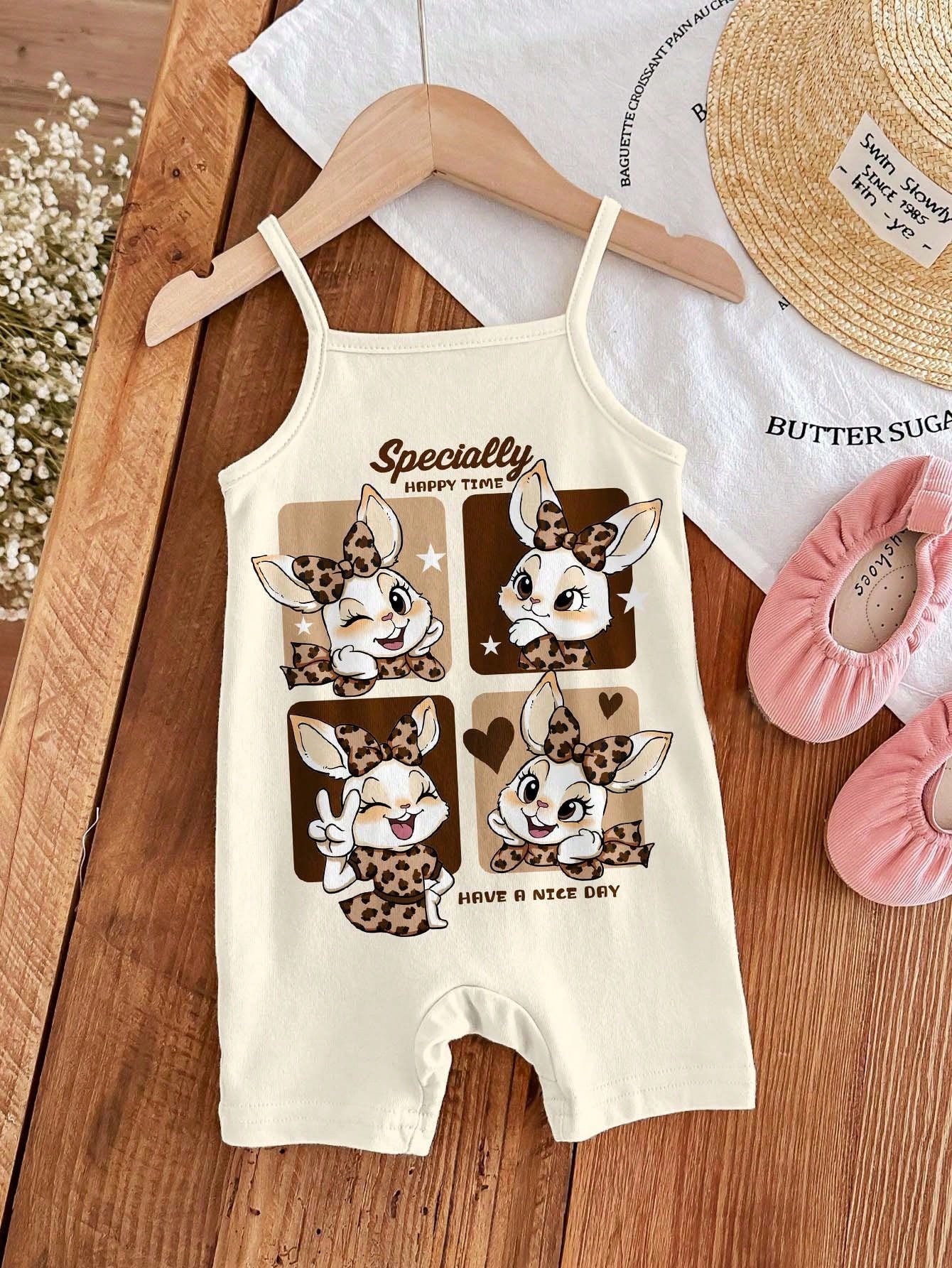[RANDOM 4 PCS SEND 1 Pc]Baby Girls Beige Summer Casual Cute Family Matching Khaki Mallard Brown Leopard Bow Cartoon Rabbit Suspender Romper Outfits