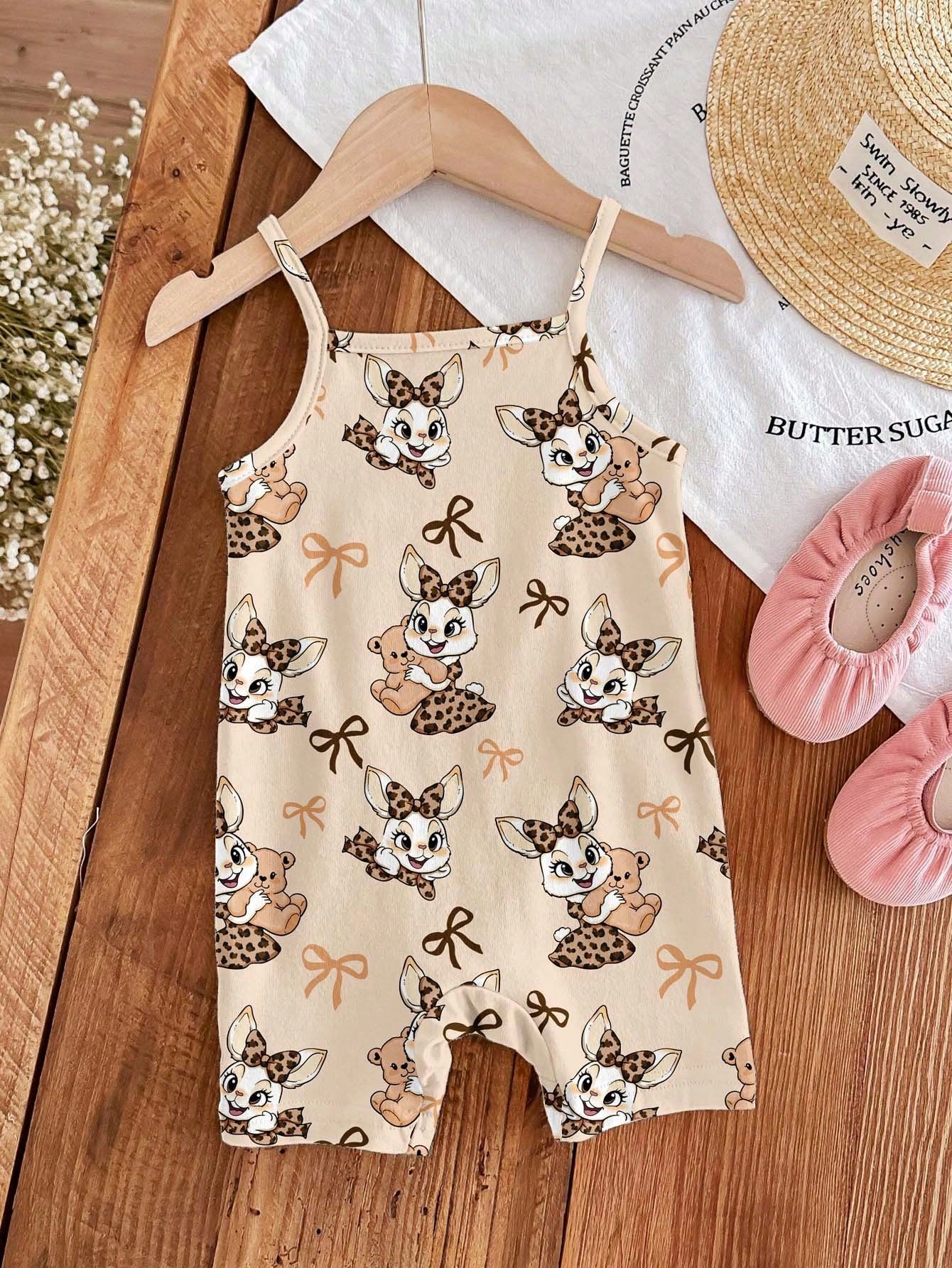 [RANDOM 4 PCS SEND 1 Pc]Baby Girls Beige Summer Casual Cute Family Matching Khaki Mallard Brown Leopard Bow Cartoon Rabbit Suspender Romper Outfits