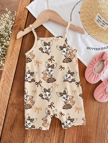 [RANDOM 4 PCS SEND 1 Pc]Baby Girls Beige Summer Casual Cute Family Matching Khaki Mallard Brown Leopard Bow Cartoon Rabbit Suspender Romper Outfits