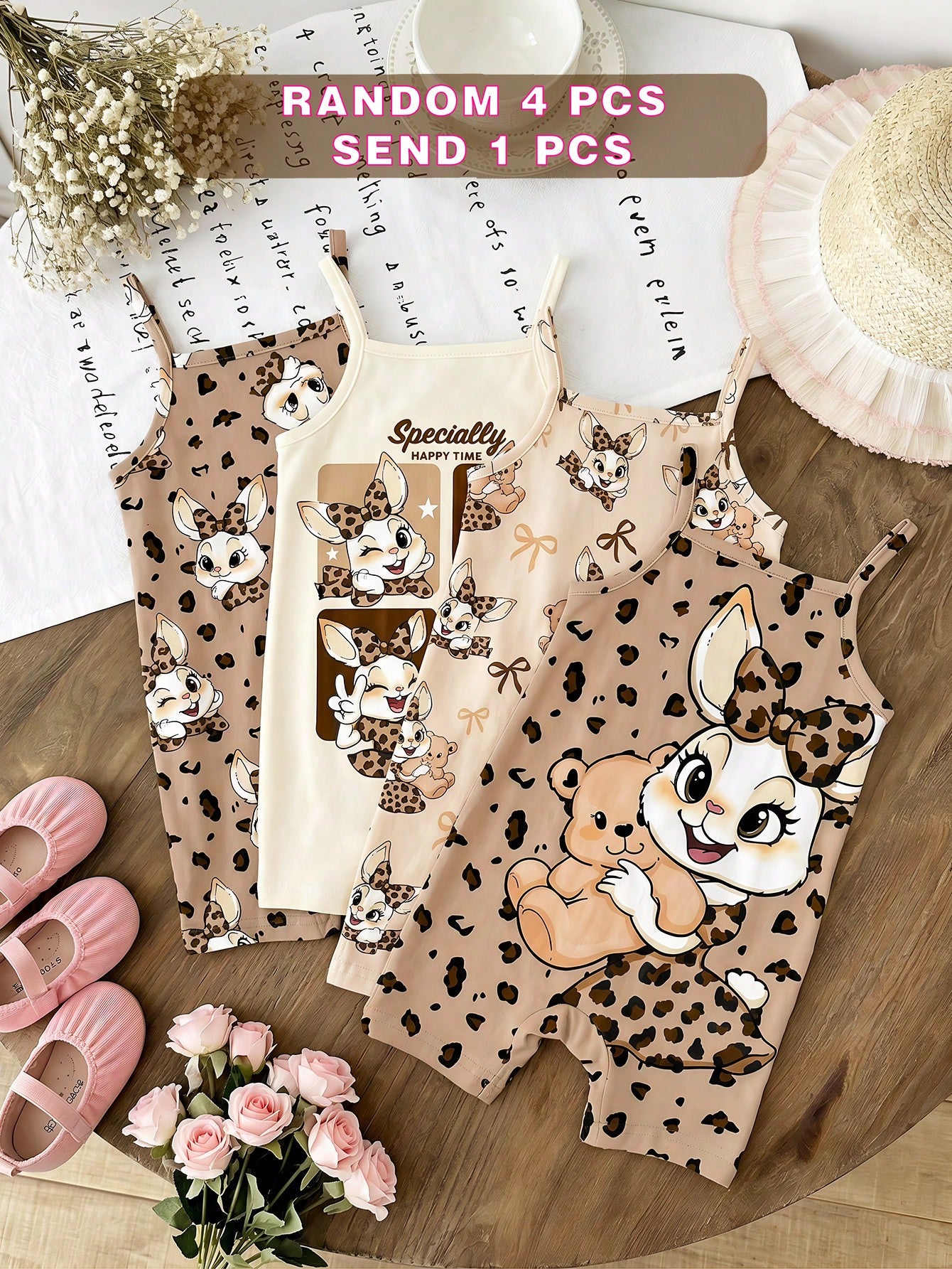 [RANDOM 4 PCS SEND 1 Pc]Baby Girls Beige Summer Casual Cute Family Matching Khaki Mallard Brown Leopard Bow Cartoon Rabbit Suspender Romper Outfits