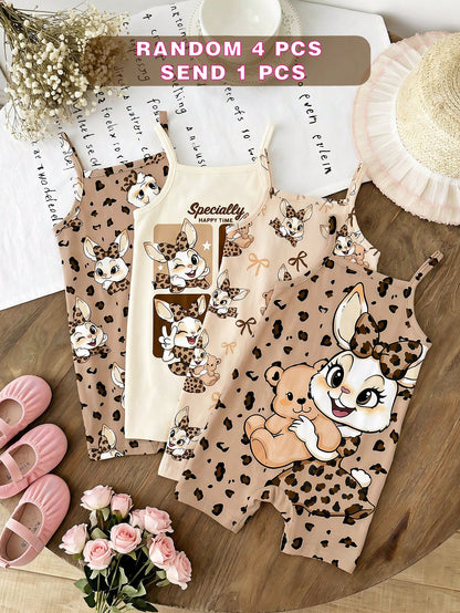 [RANDOM 4 PCS SEND 1 Pc]Baby Girls Beige Summer Casual Cute Family Matching Khaki Mallard Brown Leopard Bow Cartoon Rabbit Suspender Romper Outfits