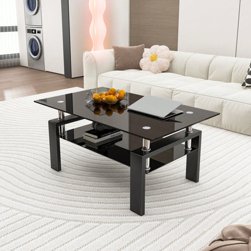 Rectangle Black Glass Coffee Table, Black Legs Modern Home Furniture Side Center Tables For Living Room