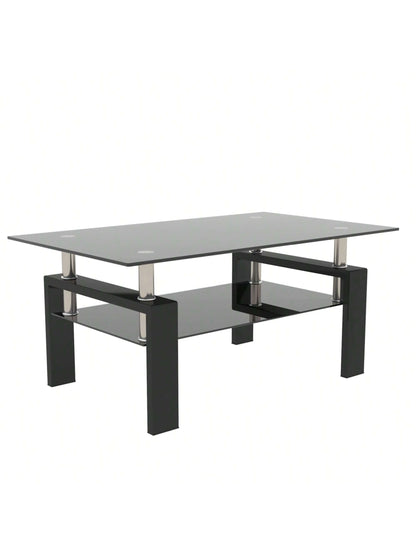Rectangle Black Glass Coffee Table, Black Legs Modern Home Furniture Side Center Tables For Living Room