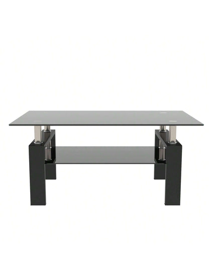 Rectangle Black Glass Coffee Table, Black Legs Modern Home Furniture Side Center Tables For Living Room