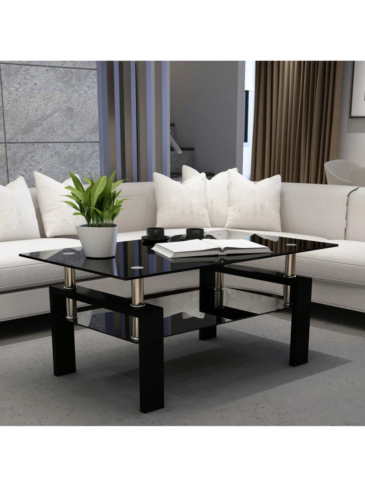 Rectangle Black Glass Coffee Table, Black Legs Modern Home Furniture Side Center Tables For Living Room