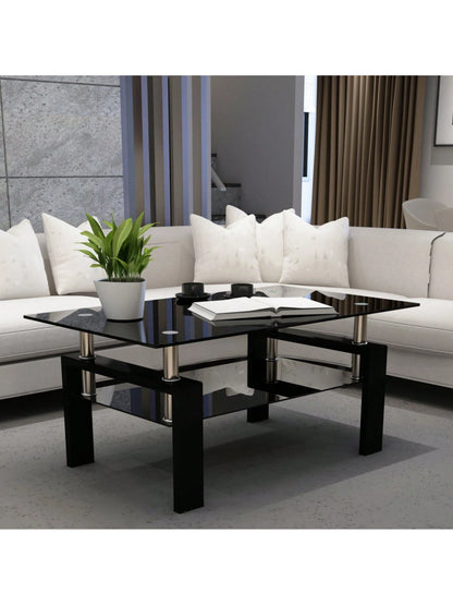 Rectangle Black Glass Coffee Table, Black Legs Modern Home Furniture Side Center Tables For Living Room