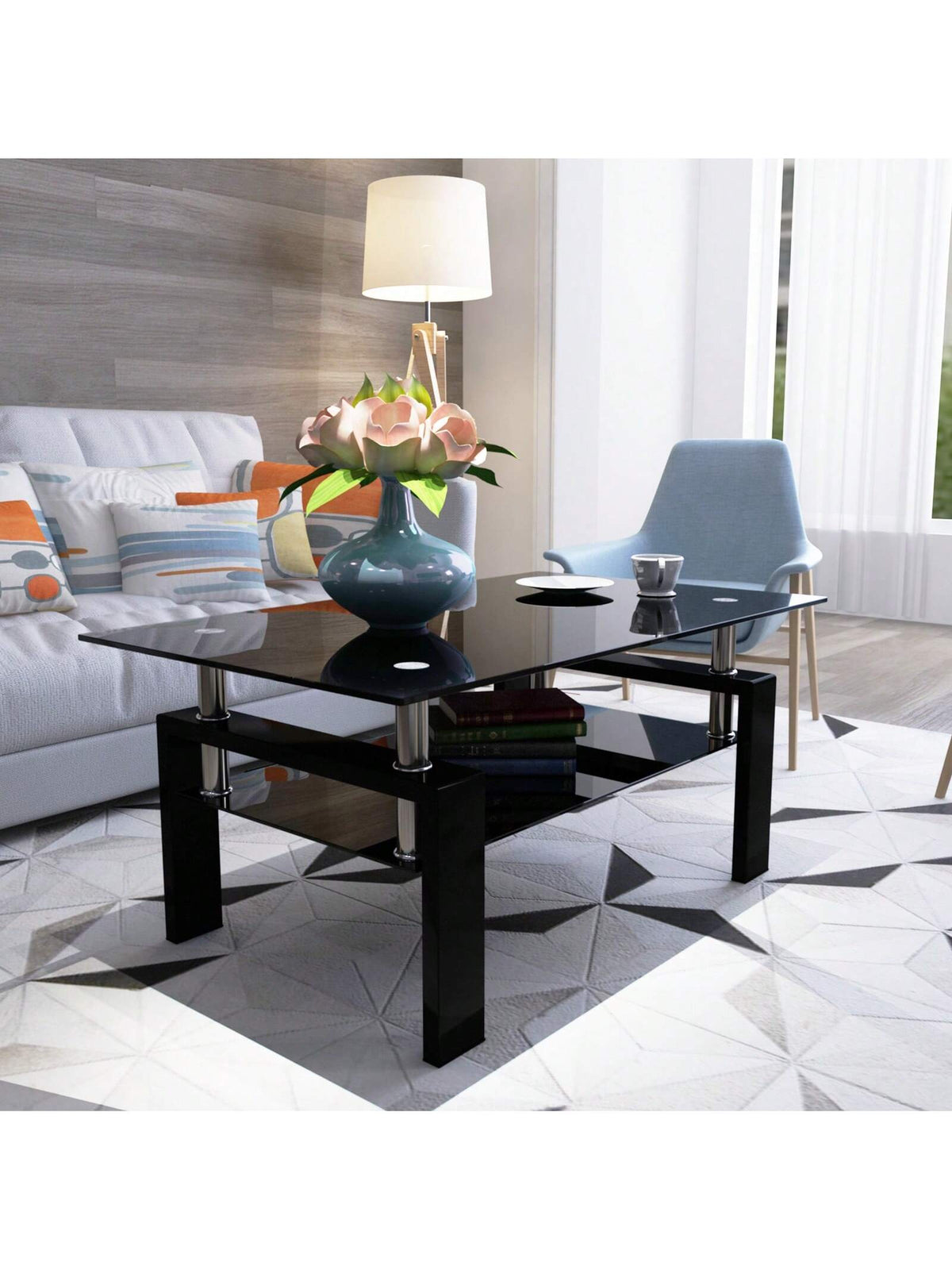 Rectangle Black Glass Coffee Table, Black Legs Modern Home Furniture Side Center Tables For Living Room