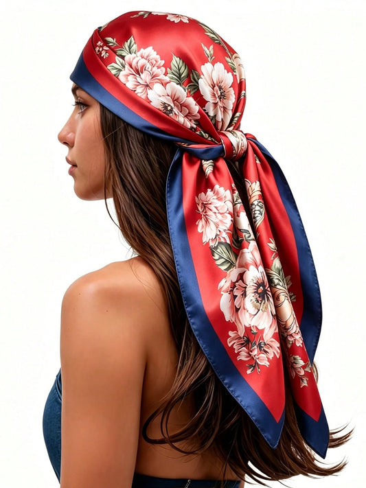 Red Background Peony Floral Print Navy Blue Trim Satin Square Scarf, Festive Chinese Style Faux Silk Scarf, Bridal Neck Scarf, Travel Headwrap, Bag Tie Accessory