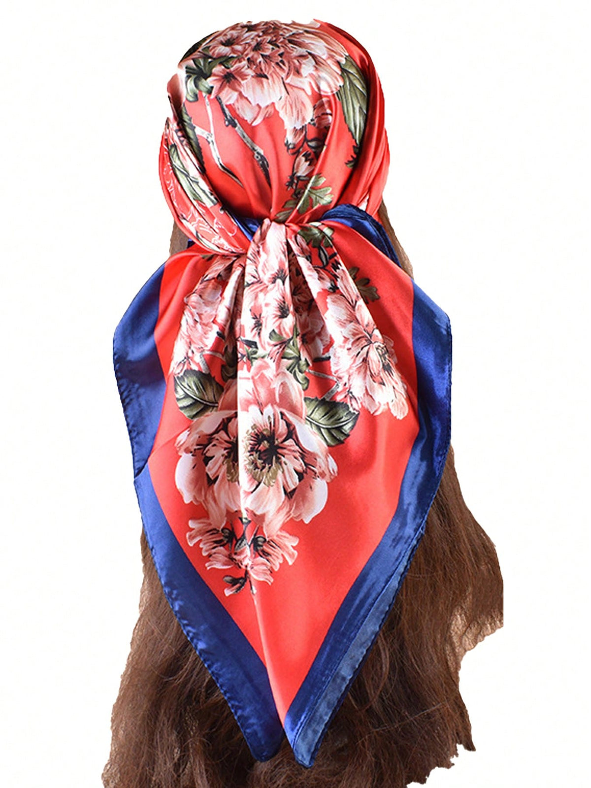 Red Background Peony Floral Print Navy Blue Trim Satin Square Scarf, Festive Chinese Style Faux Silk Scarf, Bridal Neck Scarf, Travel Headwrap, Bag Tie Accessory