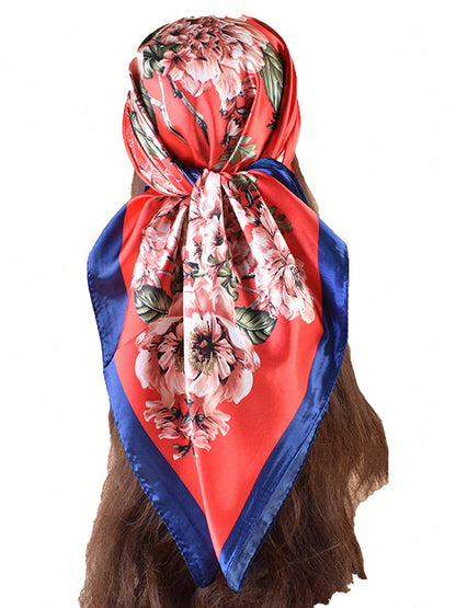 Red Background Peony Floral Print Navy Blue Trim Satin Square Scarf, Festive Chinese Style Faux Silk Scarf, Bridal Neck Scarf, Travel Headwrap, Bag Tie Accessory
