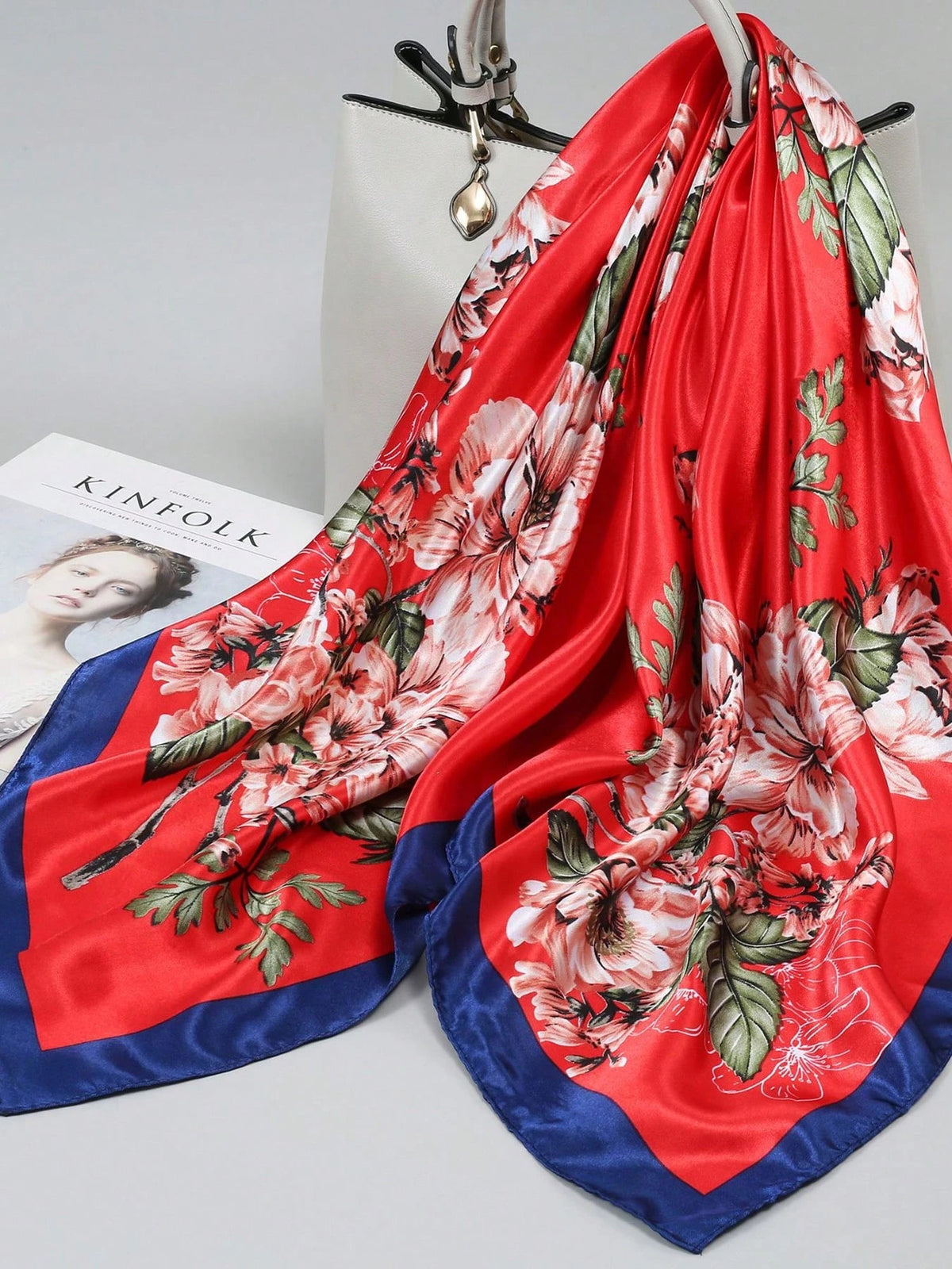 Red Background Peony Floral Print Navy Blue Trim Satin Square Scarf, Festive Chinese Style Faux Silk Scarf, Bridal Neck Scarf, Travel Headwrap, Bag Tie Accessory