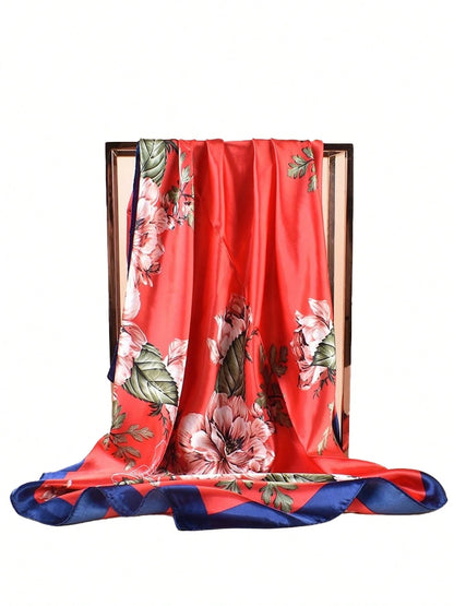 Red Background Peony Floral Print Navy Blue Trim Satin Square Scarf, Festive Chinese Style Faux Silk Scarf, Bridal Neck Scarf, Travel Headwrap, Bag Tie Accessory