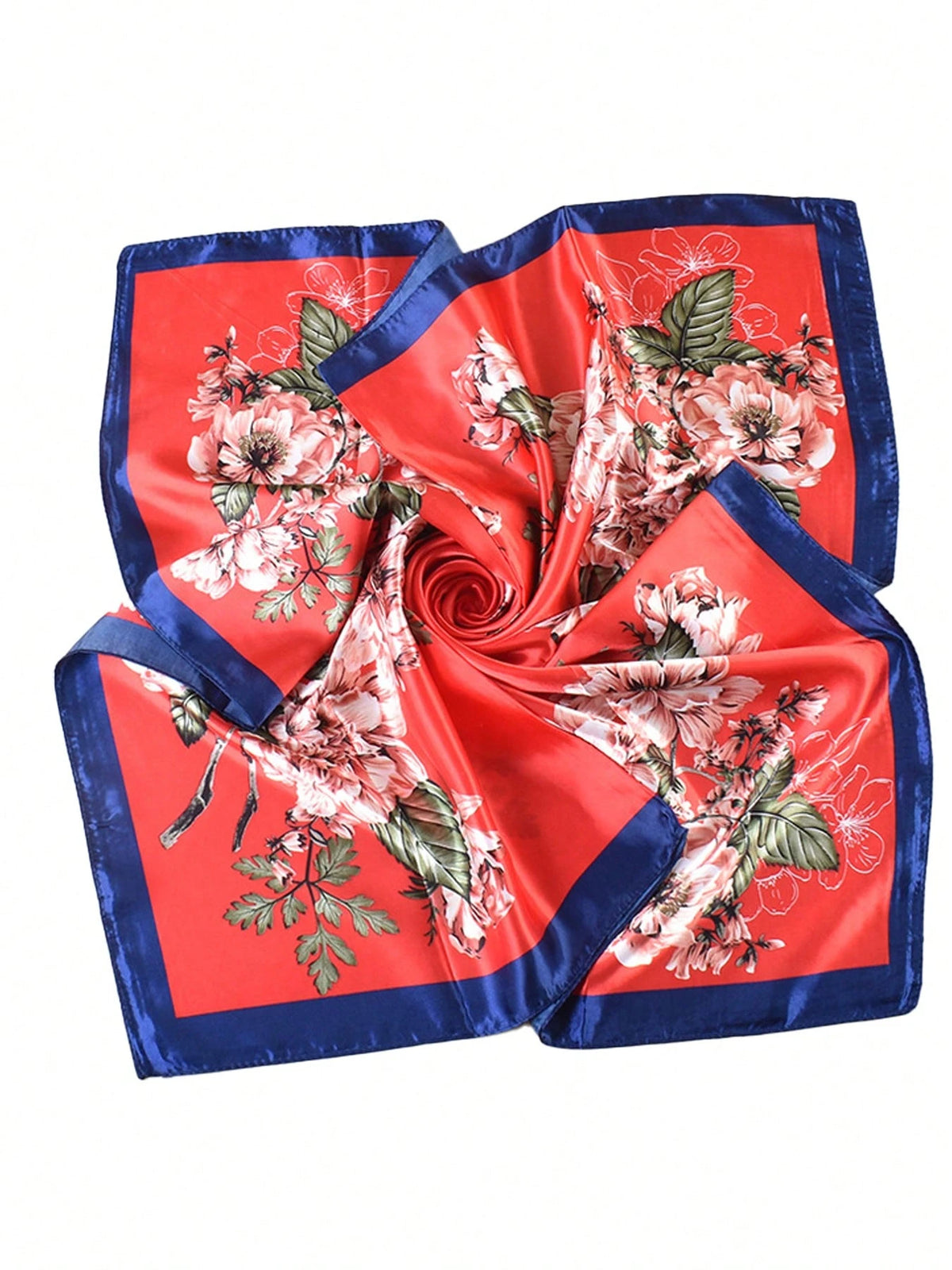 Red Background Peony Floral Print Navy Blue Trim Satin Square Scarf, Festive Chinese Style Faux Silk Scarf, Bridal Neck Scarf, Travel Headwrap, Bag Tie Accessory