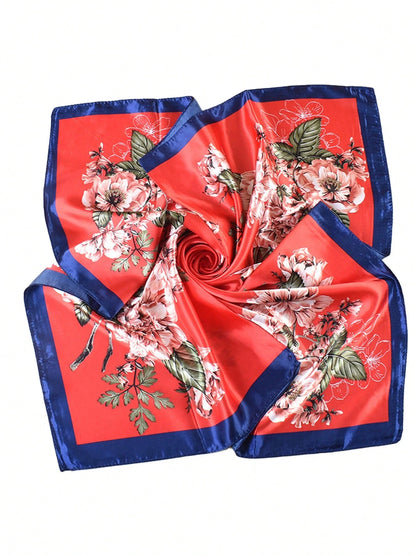 Red Background Peony Floral Print Navy Blue Trim Satin Square Scarf, Festive Chinese Style Faux Silk Scarf, Bridal Neck Scarf, Travel Headwrap, Bag Tie Accessory