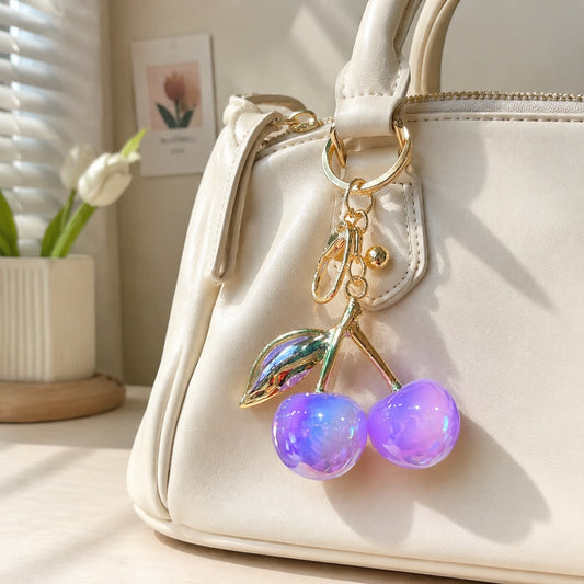 Red-Blue Gradient Cherry Leaf Shiny Keychain Pendant, Cute Women Handbag Charm, Birthday Halloween Valentine Gift, Car Key Wallet Mini Decor Accessory