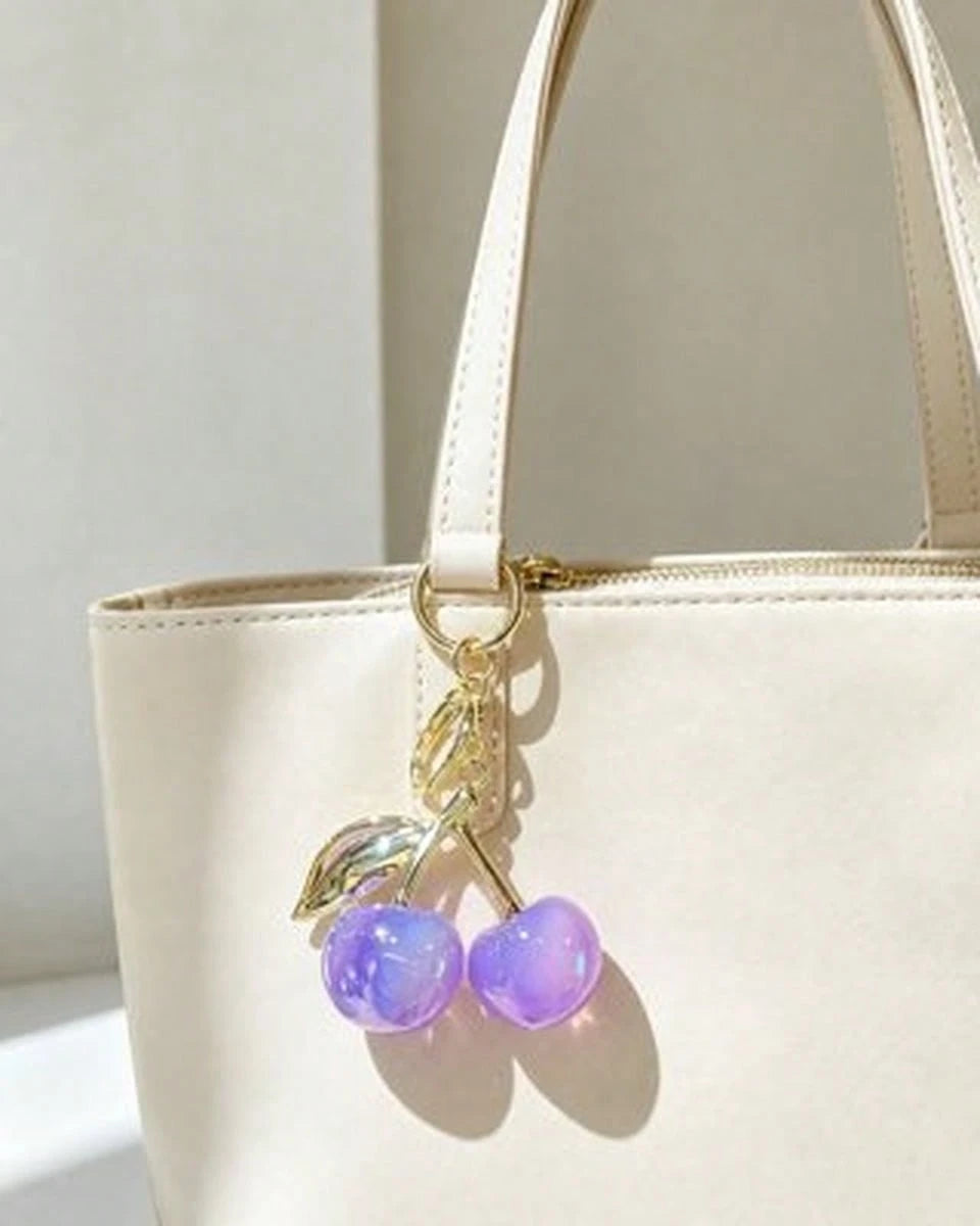 Red-Blue Gradient Cherry Leaf Shiny Keychain Pendant, Cute Women Handbag Charm, Birthday Halloween Valentine Gift, Car Key Wallet Mini Decor Accessory
