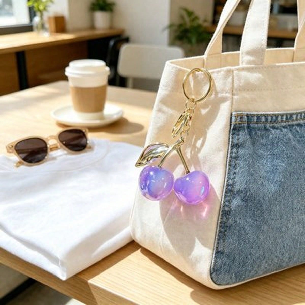 Red-Blue Gradient Cherry Leaf Shiny Keychain Pendant, Cute Women Handbag Charm, Birthday Halloween Valentine Gift, Car Key Wallet Mini Decor Accessory