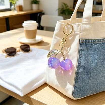 Red-Blue Gradient Cherry Leaf Shiny Keychain Pendant, Cute Women Handbag Charm, Birthday Halloween Valentine Gift, Car Key Wallet Mini Decor Accessory