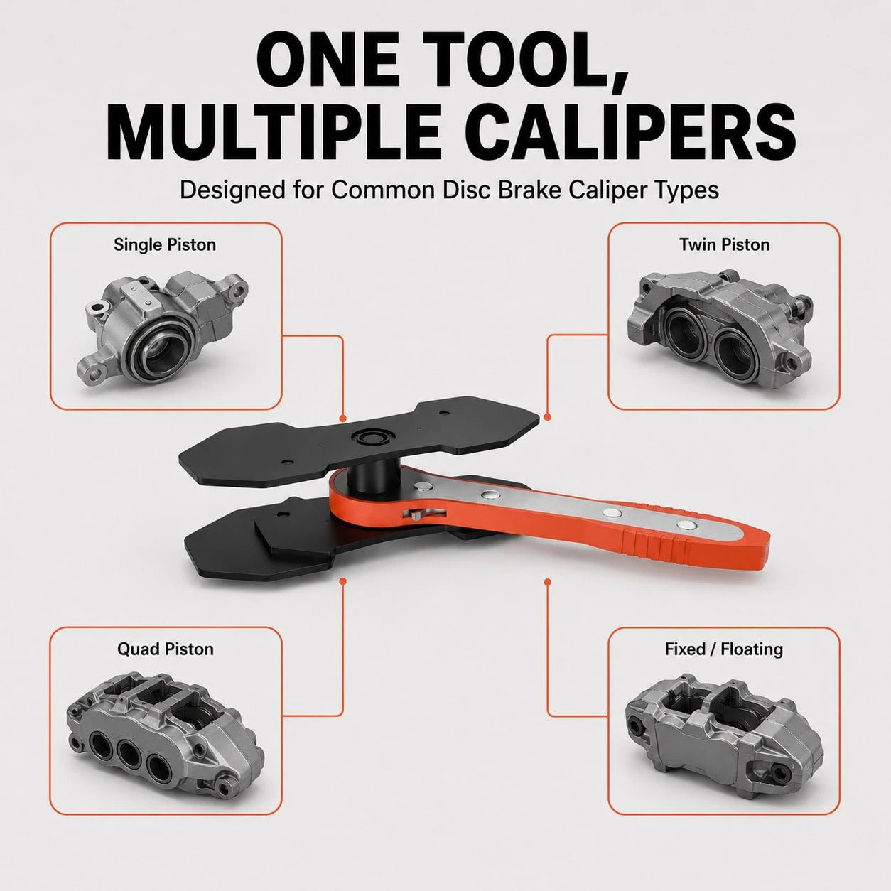 Red Brake Caliper Compression Tool With 360° Swing Ratchet, Brake Piston Spreader With 2 Extension Plates For Single, Twin And Quad Piston Disc Brake Calipers