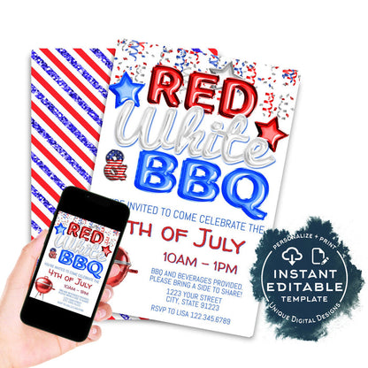 Red White and BBQ Invitation, Editable 4th of July BBQ Party, red white and blue bbq Birthday, Foil Balloons, Custom Printable INSTANT