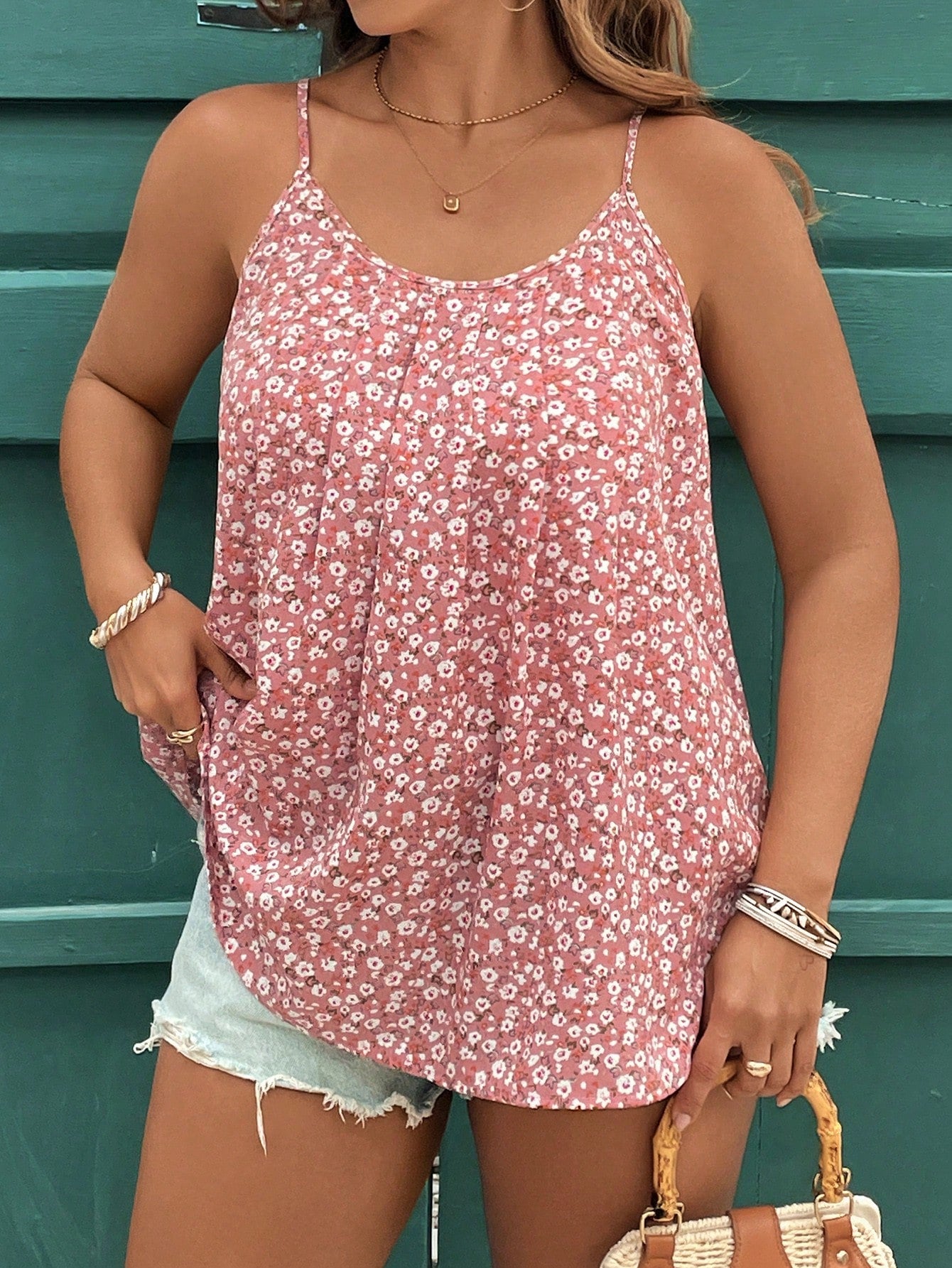 Reflora Plus Size Women Summer Pink Floral Ditsy Floral Camisole Top Women's Retro Boho Elegant High Elastic Knit Slim Fit Fashion Christmas New Year Cami