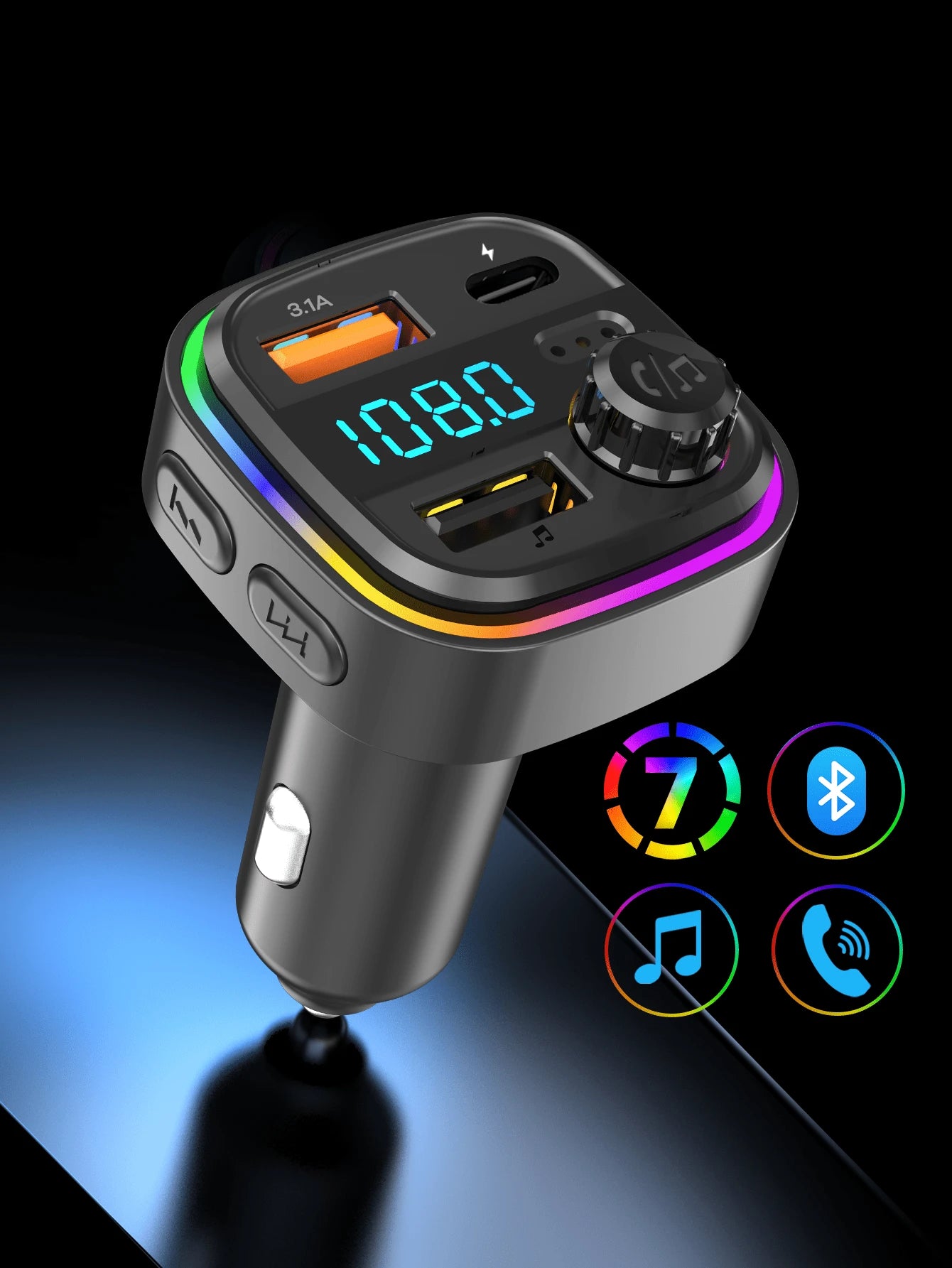 REMAX 3-Port Fast Charging Bluetooth Car Charger With RGB Ambient Light; USB-C Port; Built-In Microphone For Music/Call/Navigation; Bluetooth 5.3 With Auto Reconnect; Bluetooth & USB Dual-Mode Playbac
