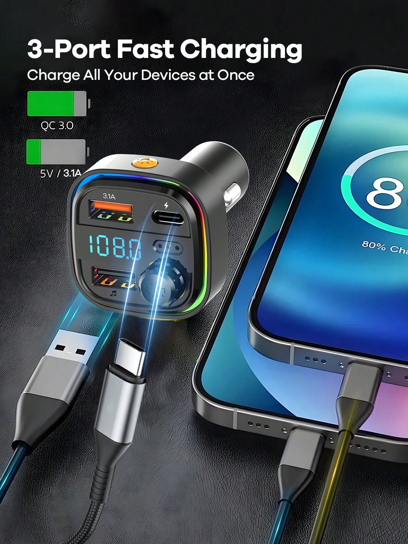 REMAX 3-Port Fast Charging Bluetooth Car Charger With RGB Ambient Light; USB-C Port; Built-In Microphone For Music/Call/Navigation; Bluetooth 5.3 With Auto Reconnect; Bluetooth & USB Dual-Mode Playbac