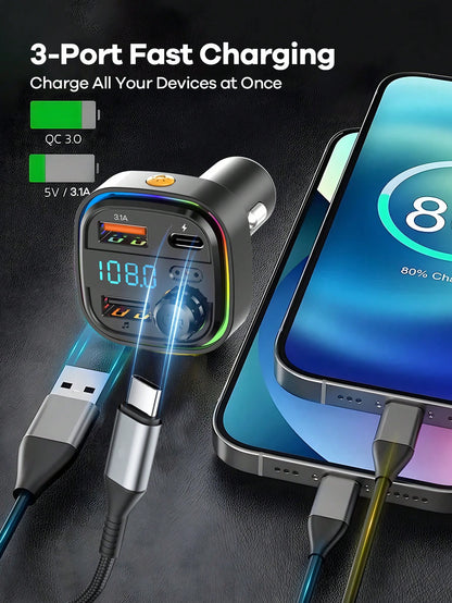 REMAX 3-Port Fast Charging Bluetooth Car Charger With RGB Ambient Light; USB-C Port; Built-In Microphone For Music/Call/Navigation; Bluetooth 5.3 With Auto Reconnect; Bluetooth & USB Dual-Mode Playbac