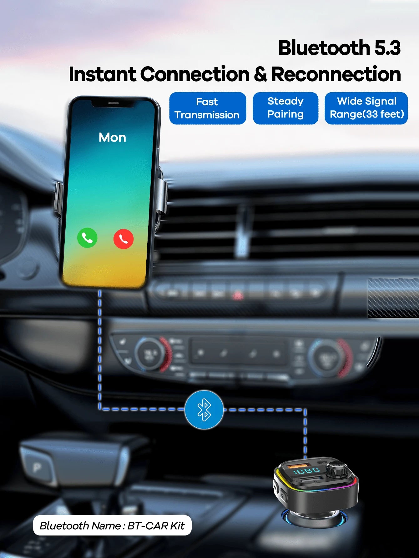 REMAX 3-Port Fast Charging Bluetooth Car Charger With RGB Ambient Light; USB-C Port; Built-In Microphone For Music/Call/Navigation; Bluetooth 5.3 With Auto Reconnect; Bluetooth & USB Dual-Mode Playbac