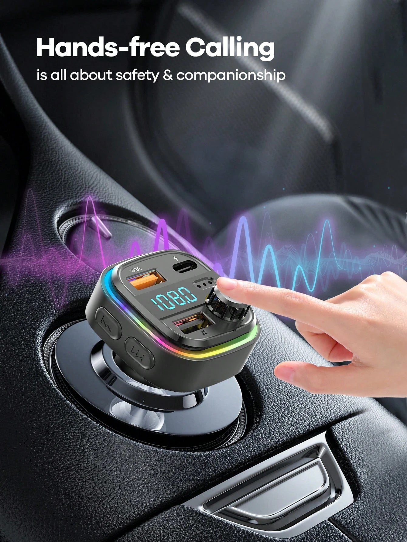 REMAX 3-Port Fast Charging Bluetooth Car Charger With RGB Ambient Light; USB-C Port; Built-In Microphone For Music/Call/Navigation; Bluetooth 5.3 With Auto Reconnect; Bluetooth & USB Dual-Mode Playbac