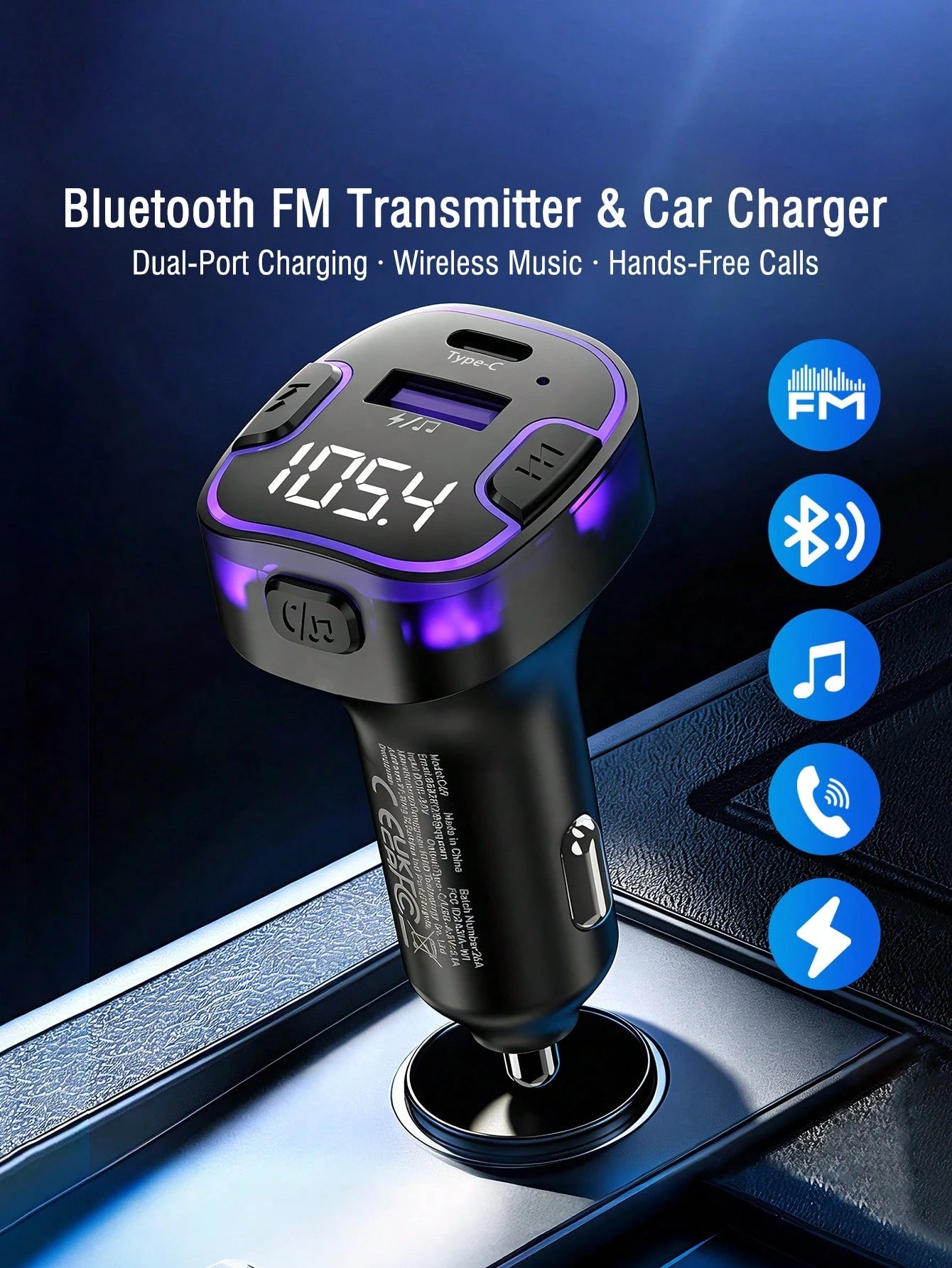 REMAX Car Bluetooth FM Transmitter With LED Ambient Light, Fast USB Car Charger Adapter, Wireless Music Streaming, Hands-Free Calling, USB Flash Drive MP3 Player, Dual Port Charging Car Accessory