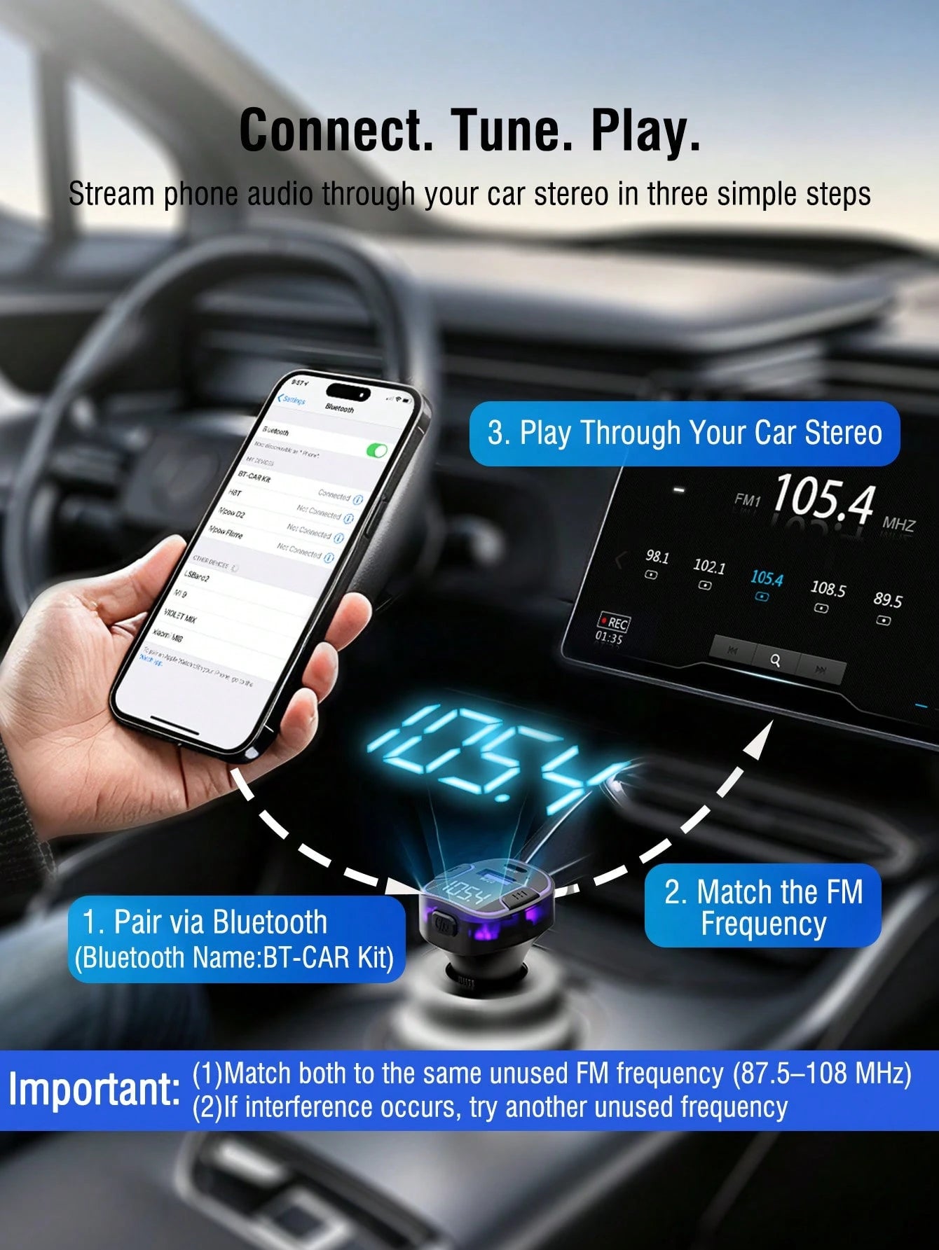 REMAX Car Bluetooth FM Transmitter With LED Ambient Light, Fast USB Car Charger Adapter, Wireless Music Streaming, Hands-Free Calling, USB Flash Drive MP3 Player, Dual Port Charging Car Accessory