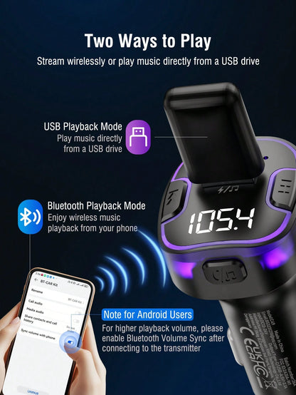REMAX Car Bluetooth FM Transmitter With LED Ambient Light, Fast USB Car Charger Adapter, Wireless Music Streaming, Hands-Free Calling, USB Flash Drive MP3 Player, Dual Port Charging Car Accessory