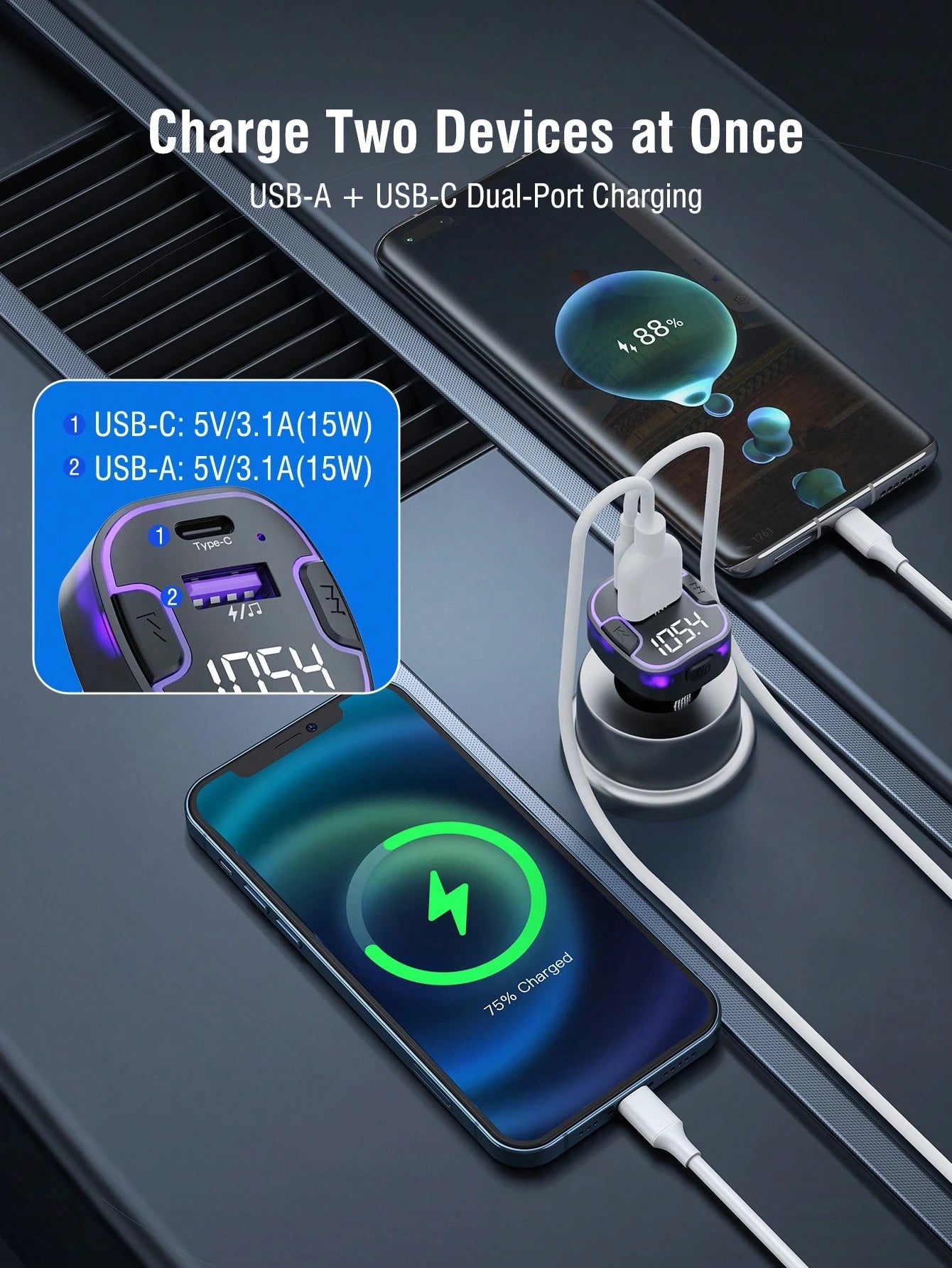 REMAX Car Bluetooth FM Transmitter With LED Ambient Light, Fast USB Car Charger Adapter, Wireless Music Streaming, Hands-Free Calling, USB Flash Drive MP3 Player, Dual Port Charging Car Accessory