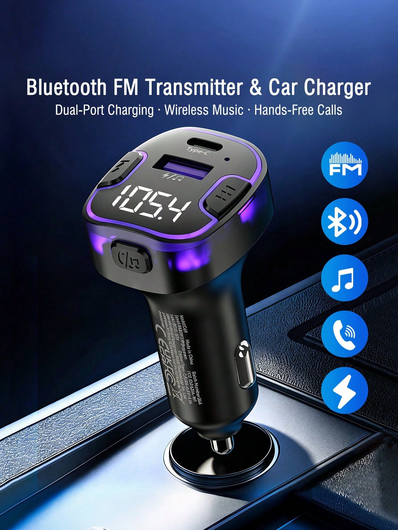 REMAX Car Bluetooth FM Transmitter With LED Ambient Light, Fast USB Car Charger Adapter, Wireless Music Streaming, Hands-Free Calling, USB Flash Drive MP3 Player, Dual Port Charging Car Accessory