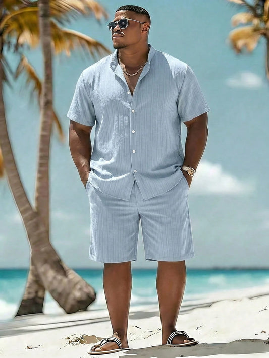 ResortEase Men's Plus Size Summer Vacation Solid Color Front Button Short Sleeve Shirt And Shorts Beach Set Holiday/ Vacation/ Beach/ Hawaii/ Tropical/ Swim