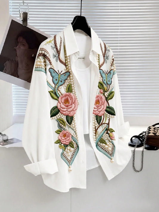 Resyla Bohemian Embroidered Pearl Blouse For Women, Vintage Floral & Butterfly Print Loose Long Sleeve Top