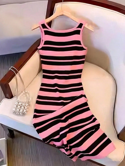 Resyla Colorblock Striped Sweet Style Knit Camisole Dress, Women's New Summer Sexy Bodycon Mini Dress, Ladies' Long Dress