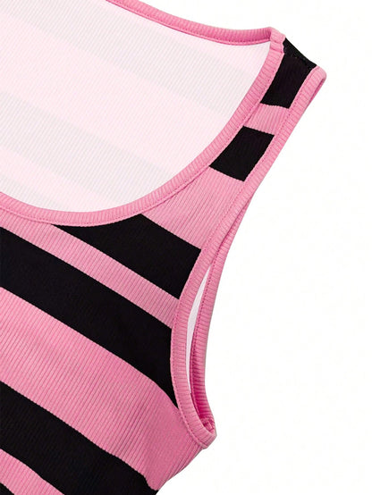 Resyla Colorblock Striped Sweet Style Knit Camisole Dress, Women's New Summer Sexy Bodycon Mini Dress, Ladies' Long Dress