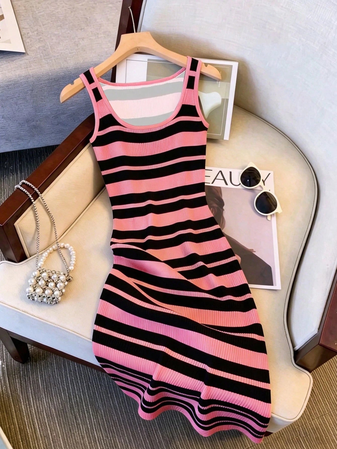 Resyla Colorblock Striped Sweet Style Knit Camisole Dress, Women's New Summer Sexy Bodycon Mini Dress, Ladies' Long Dress