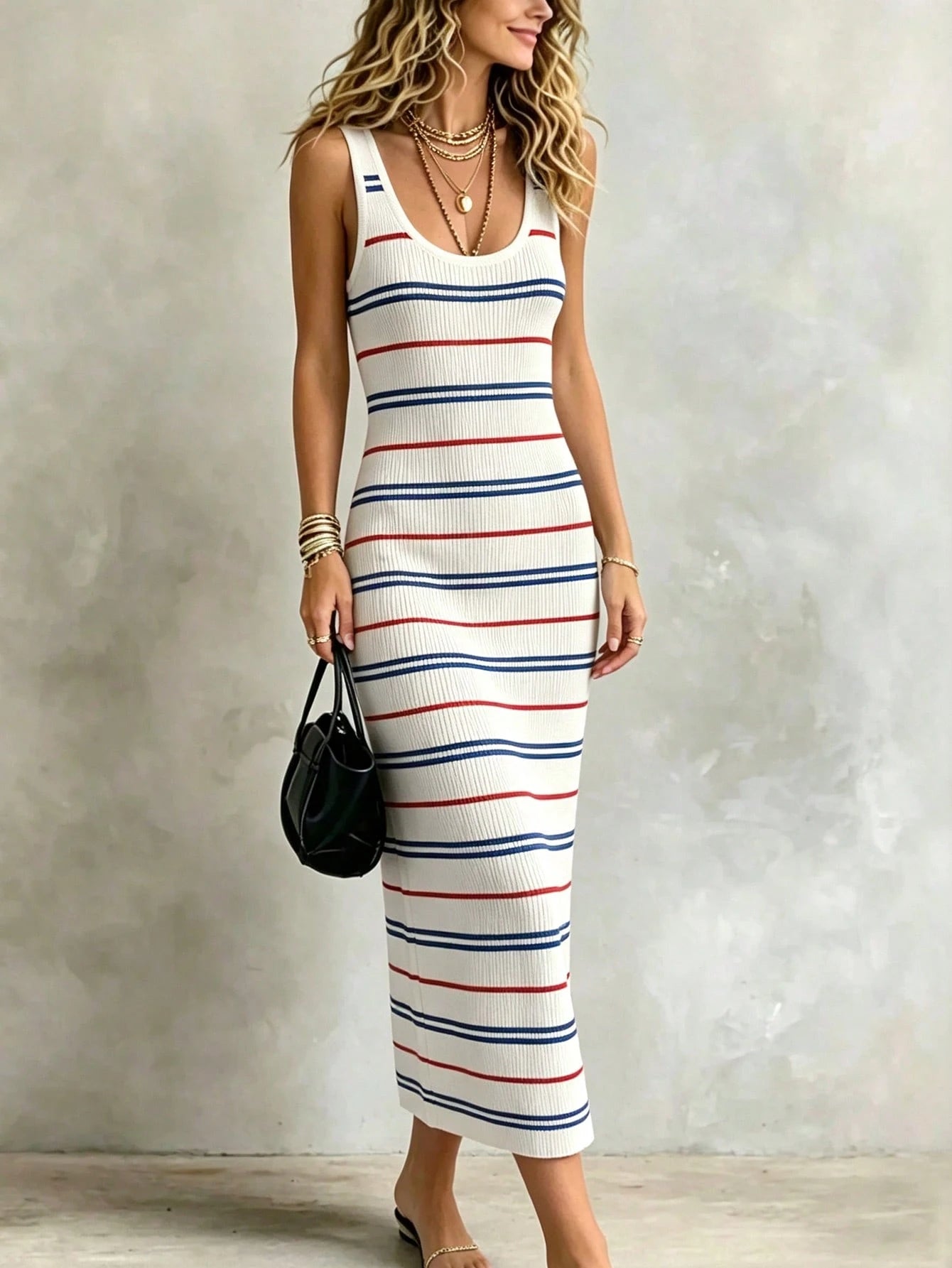Resyla Colorblock Striped Sweet Style Knit Camisole Dress, Women's New Summer Sexy Bodycon Mini Dress, Ladies' Long Dress