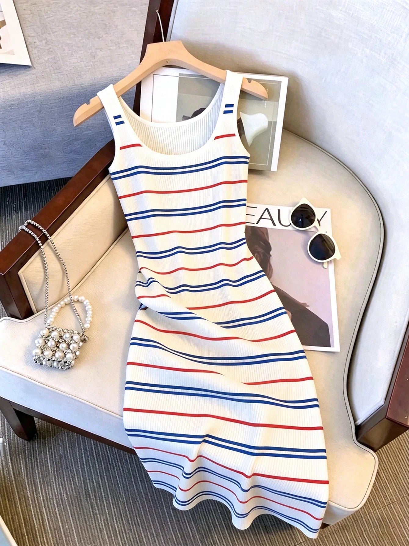 Resyla Colorblock Striped Sweet Style Knit Camisole Dress, Women's New Summer Sexy Bodycon Mini Dress, Ladies' Long Dress