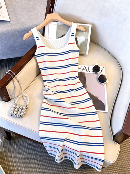 Resyla Colorblock Striped Sweet Style Knit Camisole Dress, Women's New Summer Sexy Bodycon Mini Dress, Ladies' Long Dress