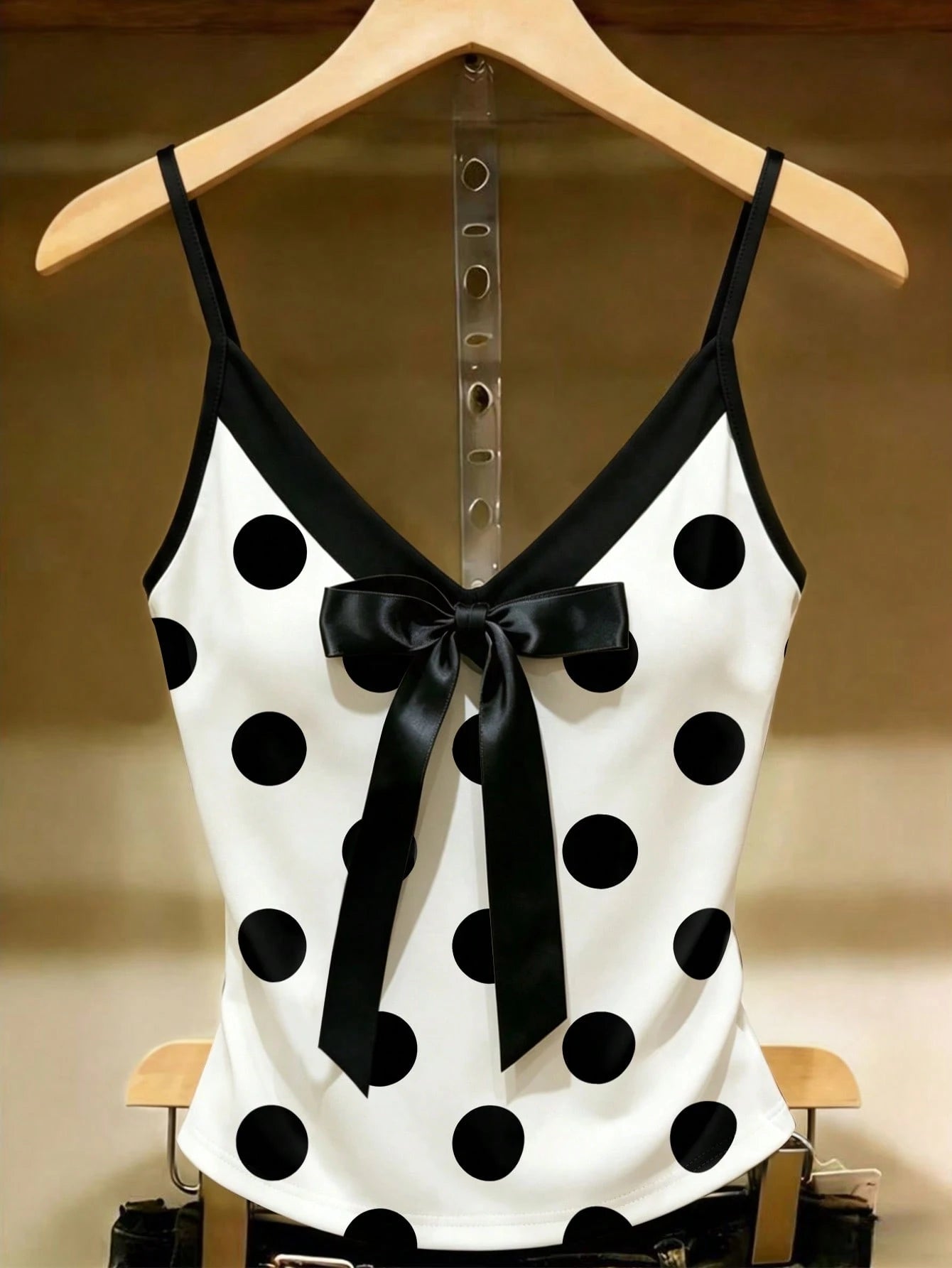 Resyla French Retro Elegant Style White Polka Dot Contrast Color Matching Bow V-Neck Fitted Bandeau Top
