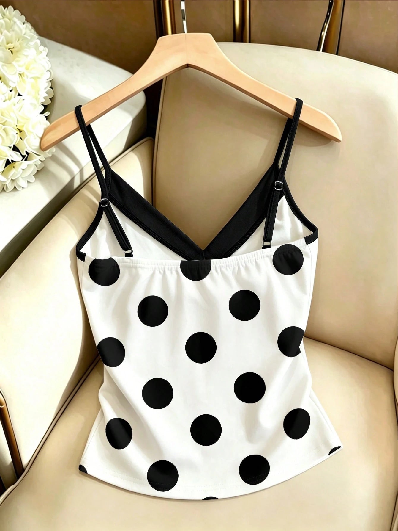 Resyla French Retro Elegant Style White Polka Dot Contrast Color Matching Bow V-Neck Fitted Bandeau Top