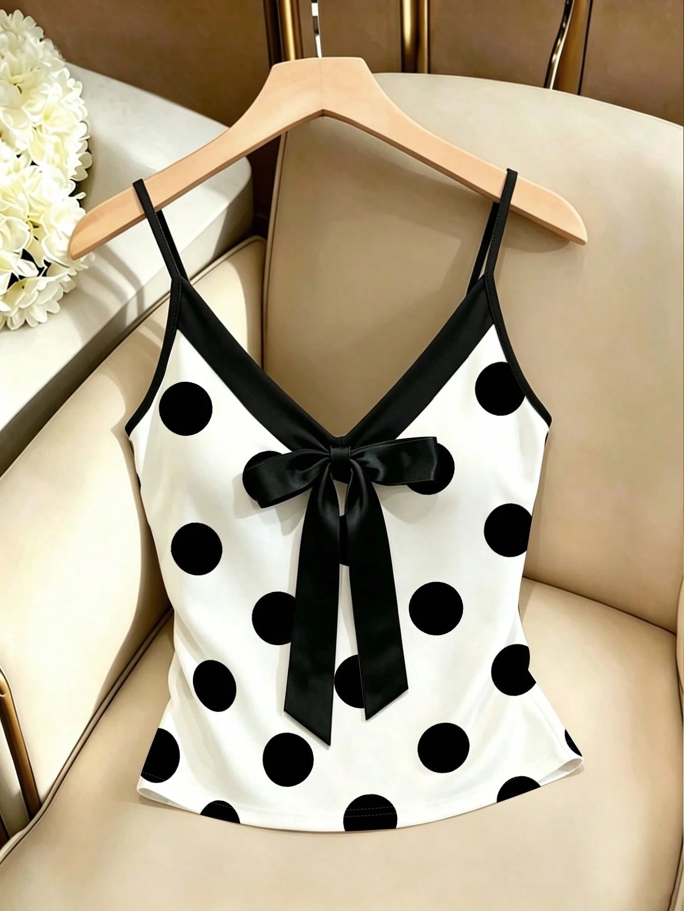 Resyla French Retro Elegant Style White Polka Dot Contrast Color Matching Bow V-Neck Fitted Bandeau Top