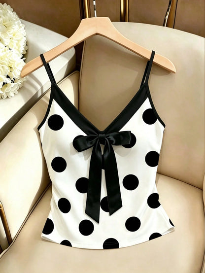 Resyla French Retro Elegant Style White Polka Dot Contrast Color Matching Bow V-Neck Fitted Bandeau Top
