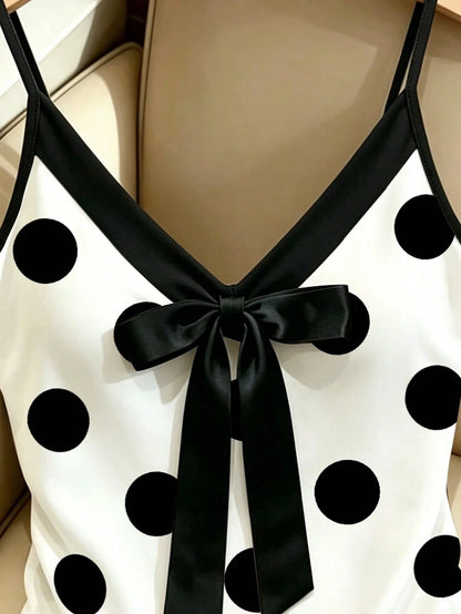 Resyla French Retro Elegant Style White Polka Dot Contrast Color Matching Bow V-Neck Fitted Bandeau Top