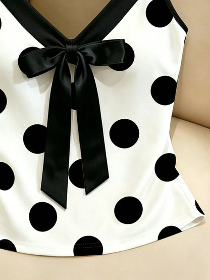 Resyla French Retro Elegant Style White Polka Dot Contrast Color Matching Bow V-Neck Fitted Bandeau Top