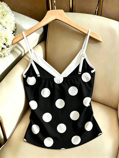 Resyla French Retro Elegant Style White Polka Dot Contrast Color Matching Bow V-Neck Fitted Bandeau Top